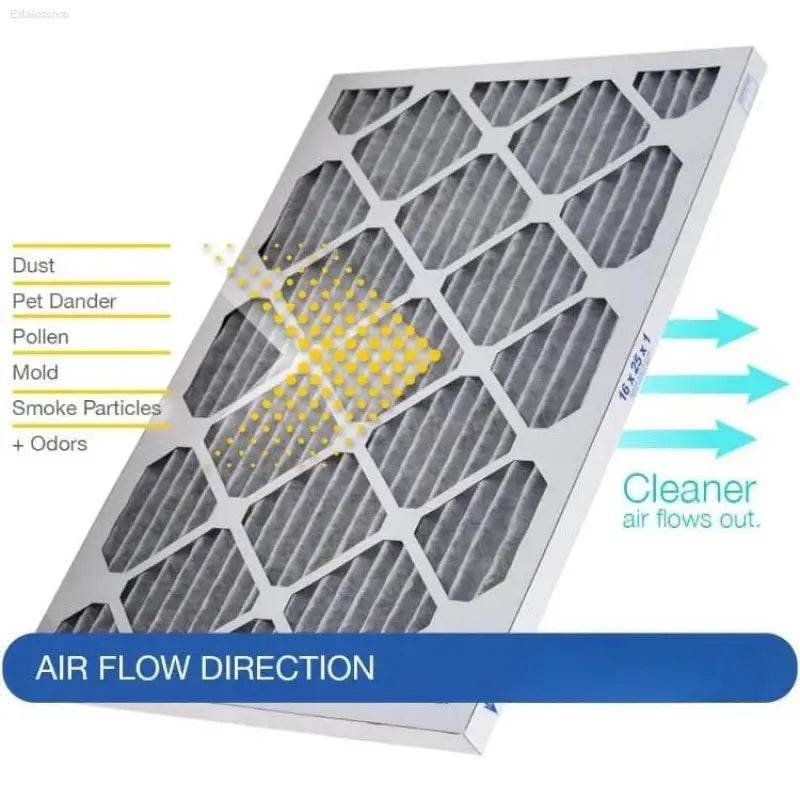 Air filter with airflow direction indicators.