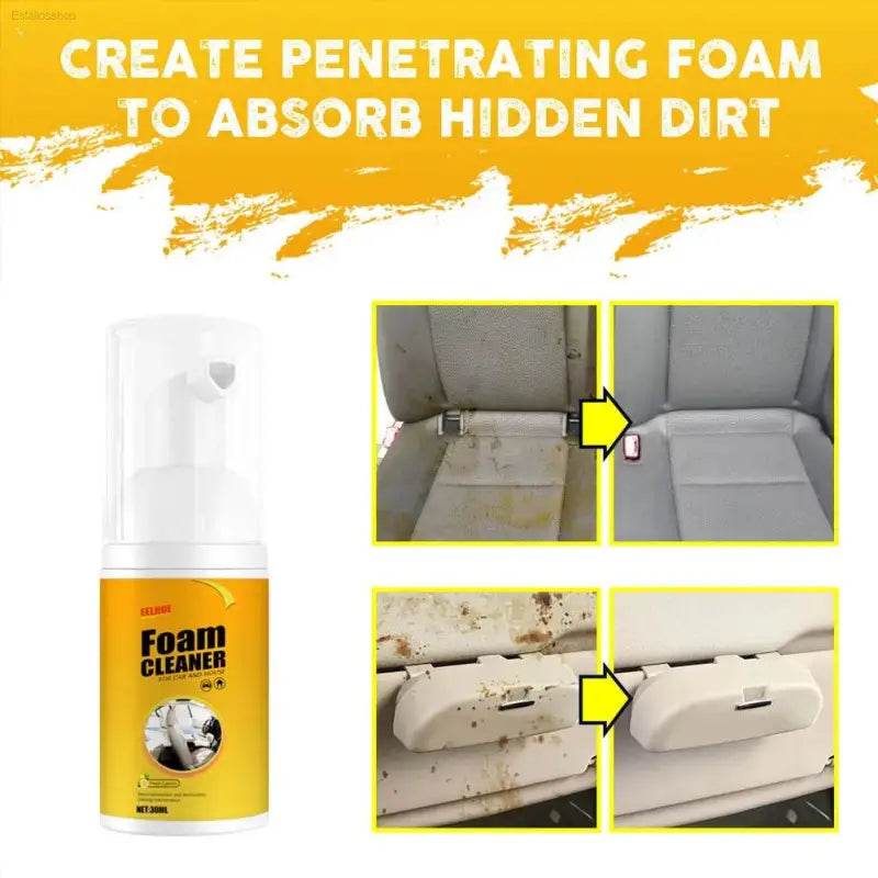 Foam cleaner with before-and-after cleaning examples.
