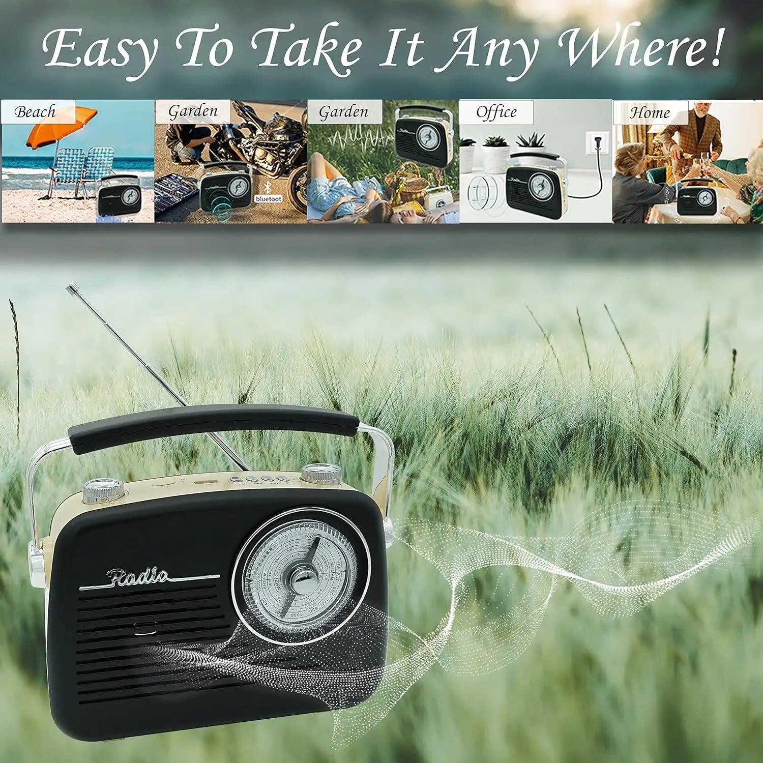 Radio AM FM negra - Radio vintage portátil con conector para auriculares