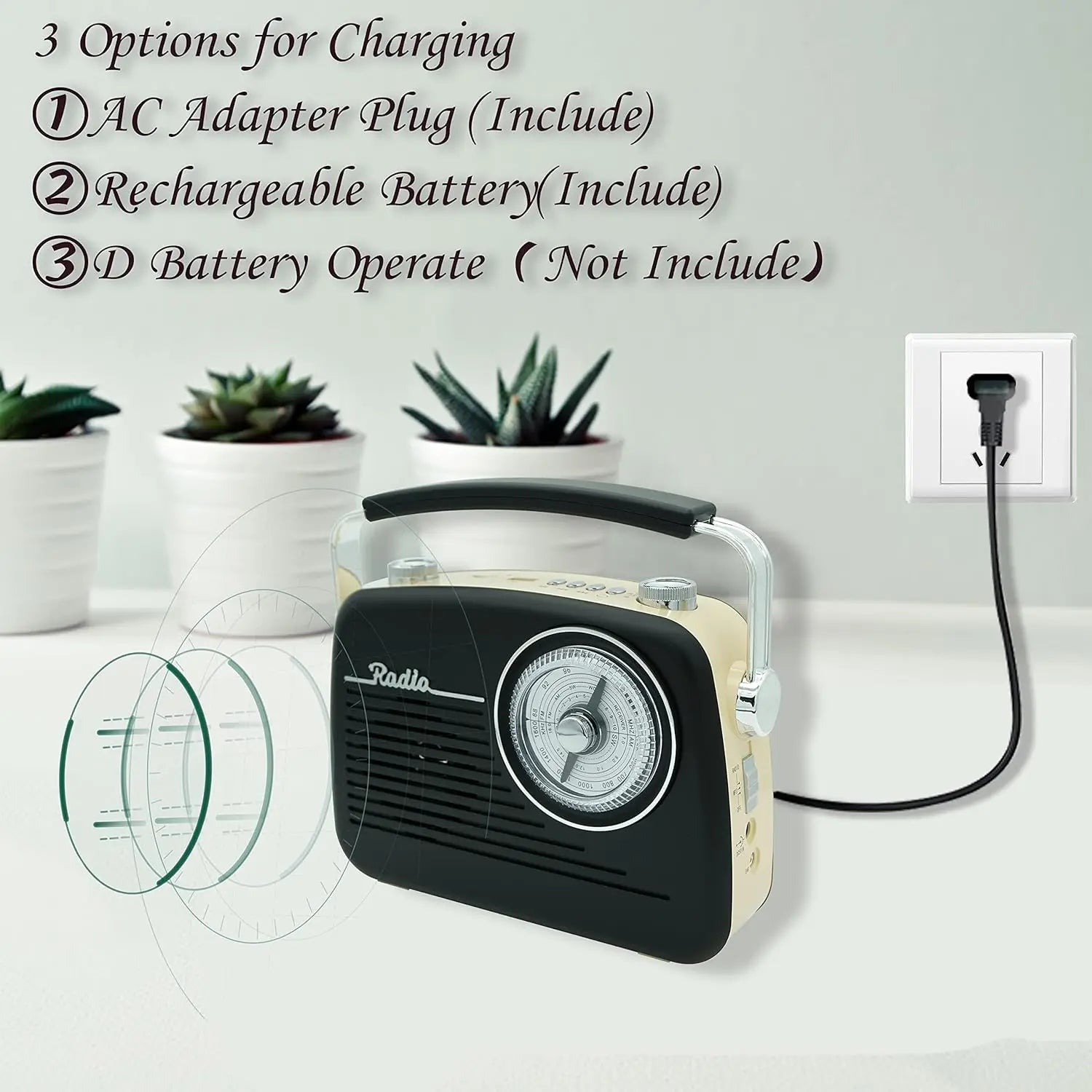 Radio AM FM negra - Radio vintage portátil con conector para auriculares