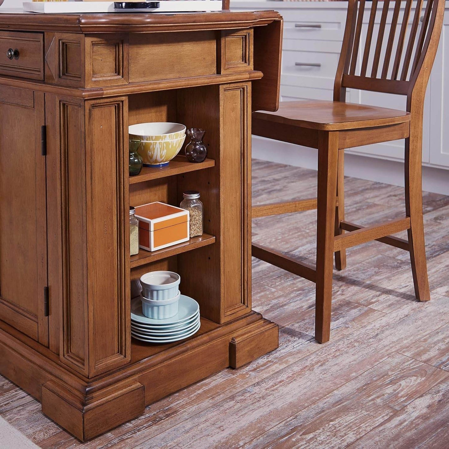 Americana Cottage Oak Kitchen Island Set with Two Stools - Estalios