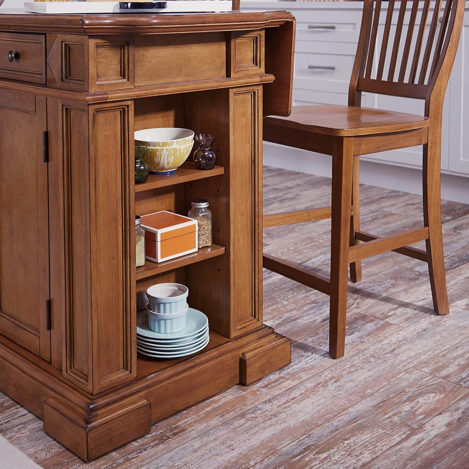 Americana Cottage Oak Kitchen Island Set with Two Stools - Estalios
