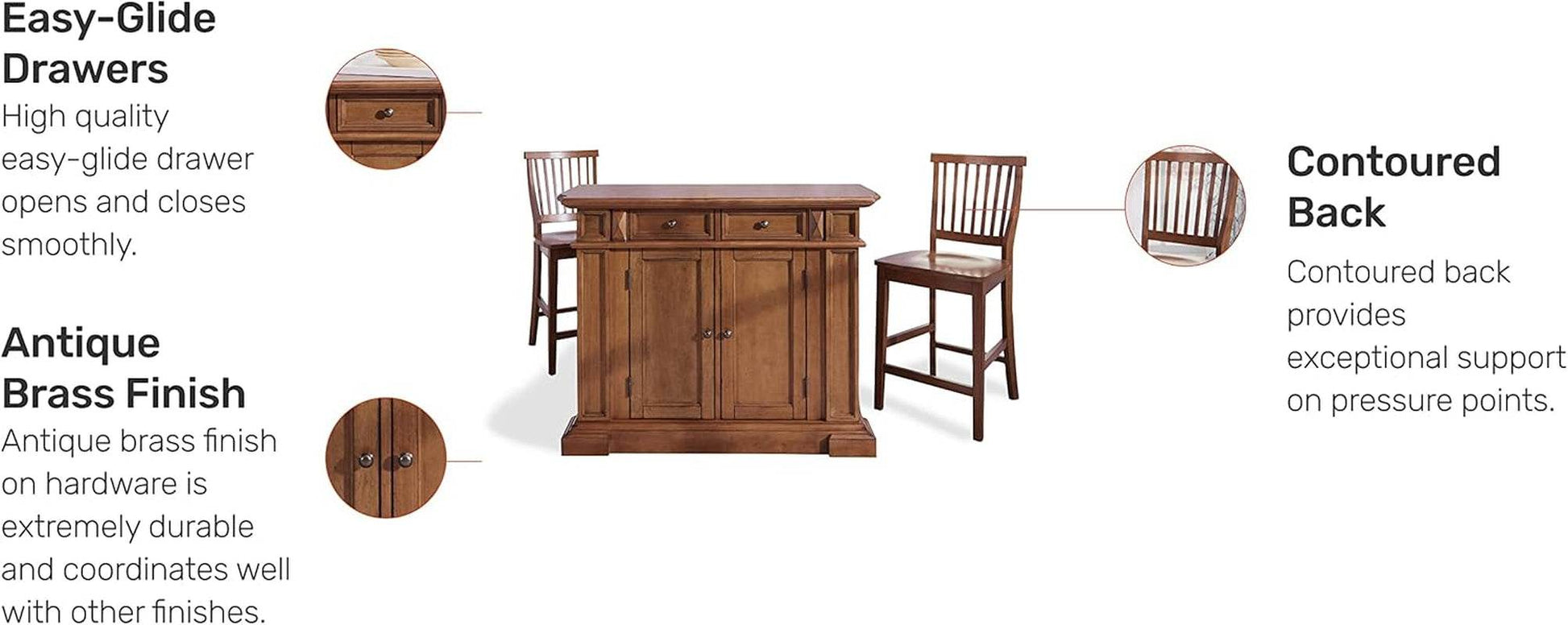 Americana Cottage Oak Kitchen Island Set with Two Stools - Estalios