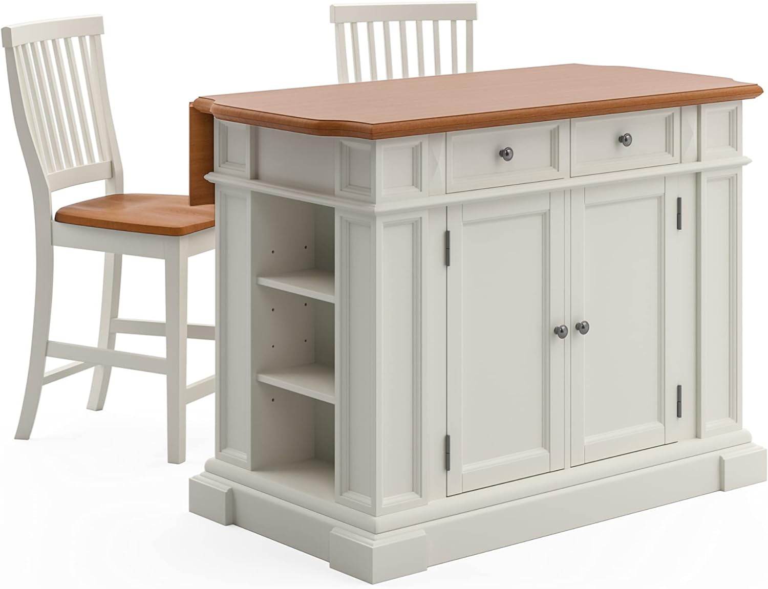 Americana Cottage Oak Kitchen Island Set with Two Stools - Estalios