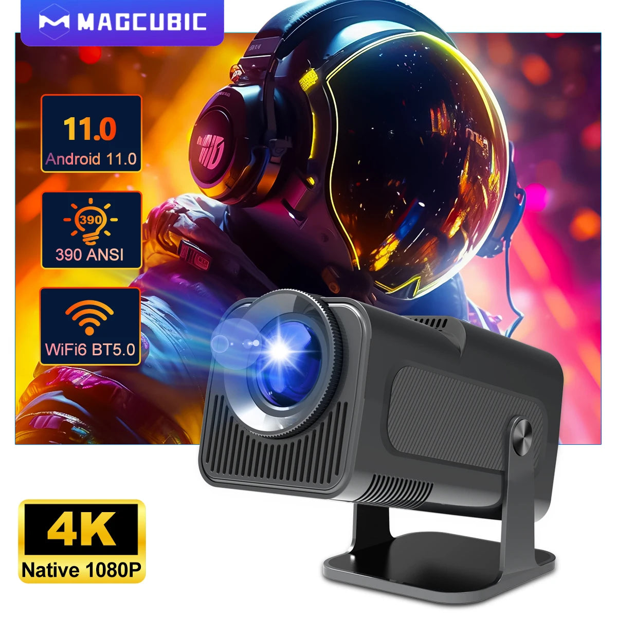 Magcubic 4K Android 11 Projector - Native 1080P, 390 ANSI Lumens, Dual WiFi 6 & BT 5.0, Upgraded Portable Cinema Experience