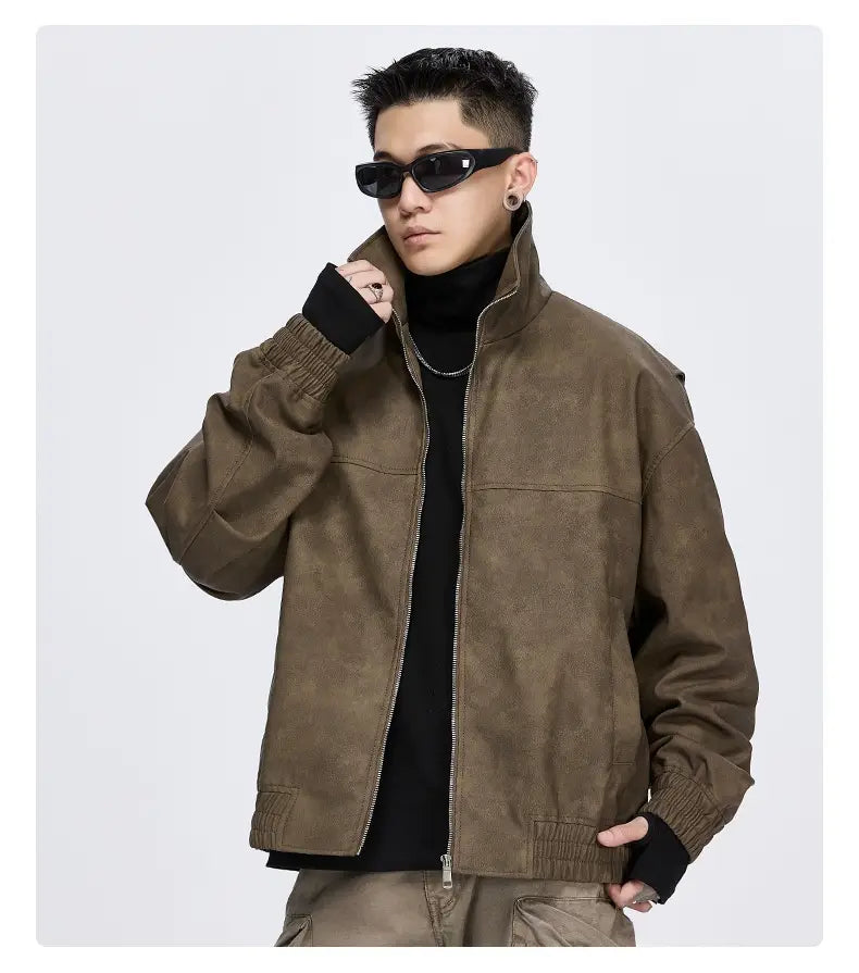 American Retro Stand Collar PU Leather Jacket Men’s Autumn And Winter