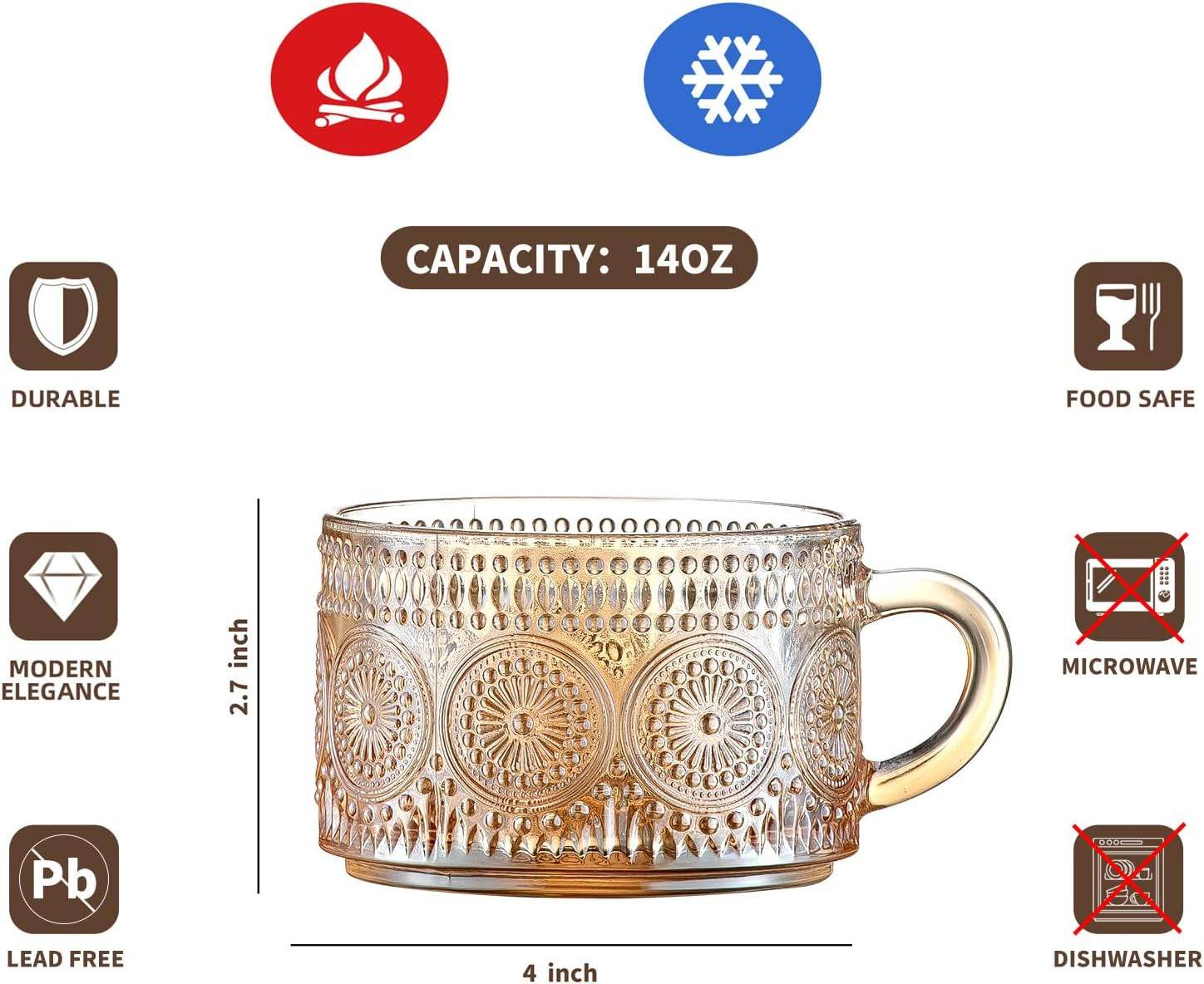 Vintage Coffee Mugs 14 Oz Set of 2 Embossed Glass Cups - Estalios