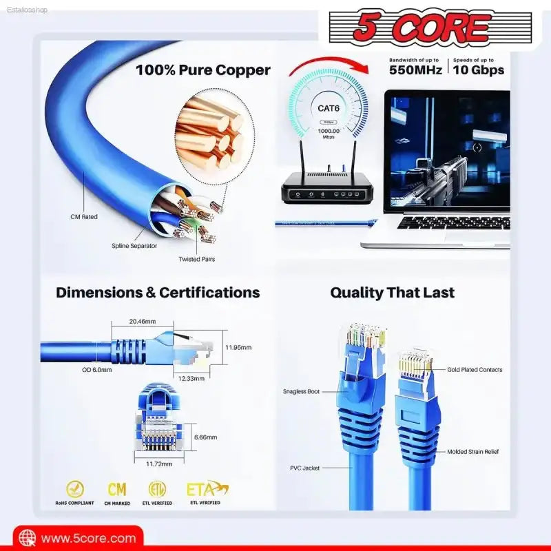 5 CORE Cat 6 Ethernet Cable with High Speed Performance for Gaming and Streaming - EstaliosShop