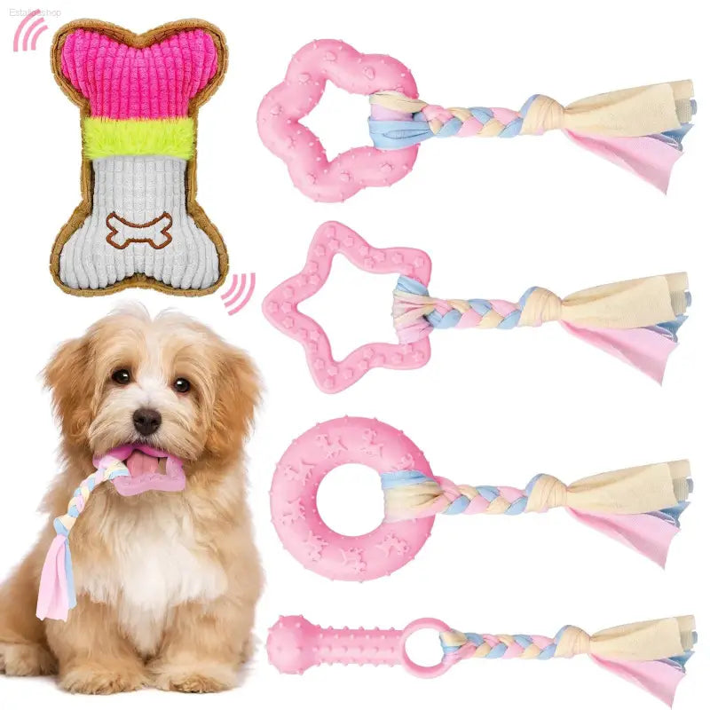 5 Pack Puppy Chew Toys for Teething - Pink Rubber Squeaky Dog Toys, Interactive Plush Bone Toys for Small Dogs, Perfect for Dental Care - Estalios