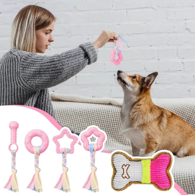 5 Pack Puppy Chew Toys for Teething - Pink Rubber Squeaky Dog Toys, Interactive Plush Bone Toys for Small Dogs, Perfect for Dental Care - Estalios
