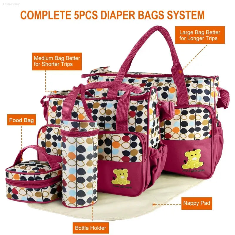5 Piece Baby Diaper Bag Set with Insulated Pockets - Estalios
