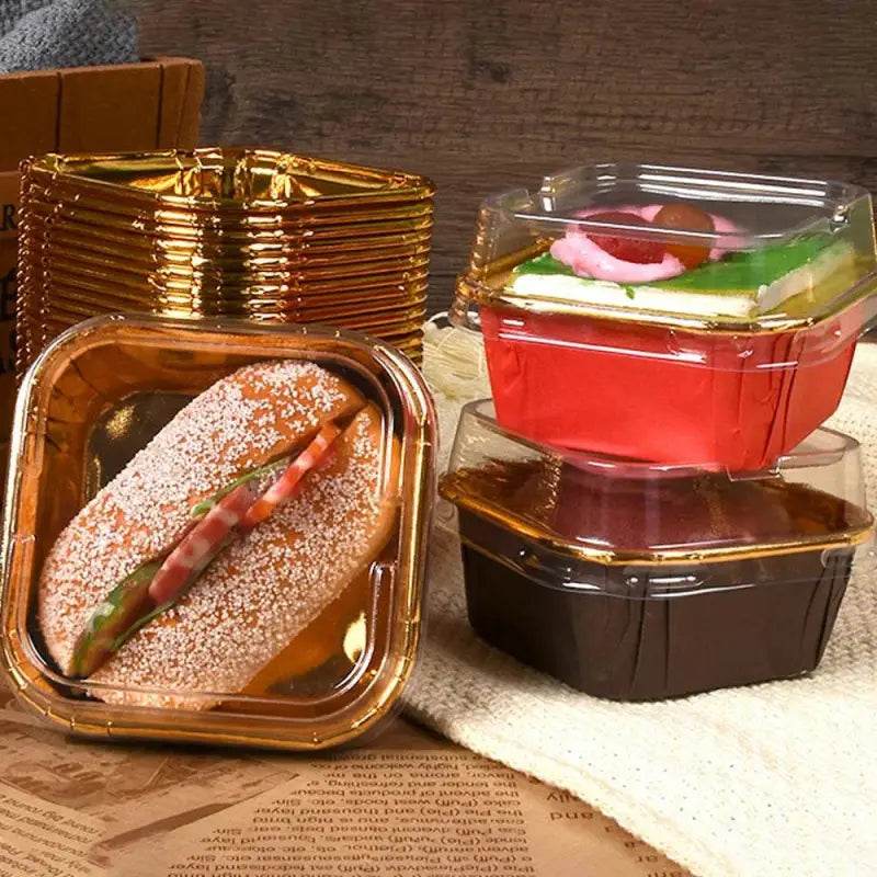 Square containers with baked goods.