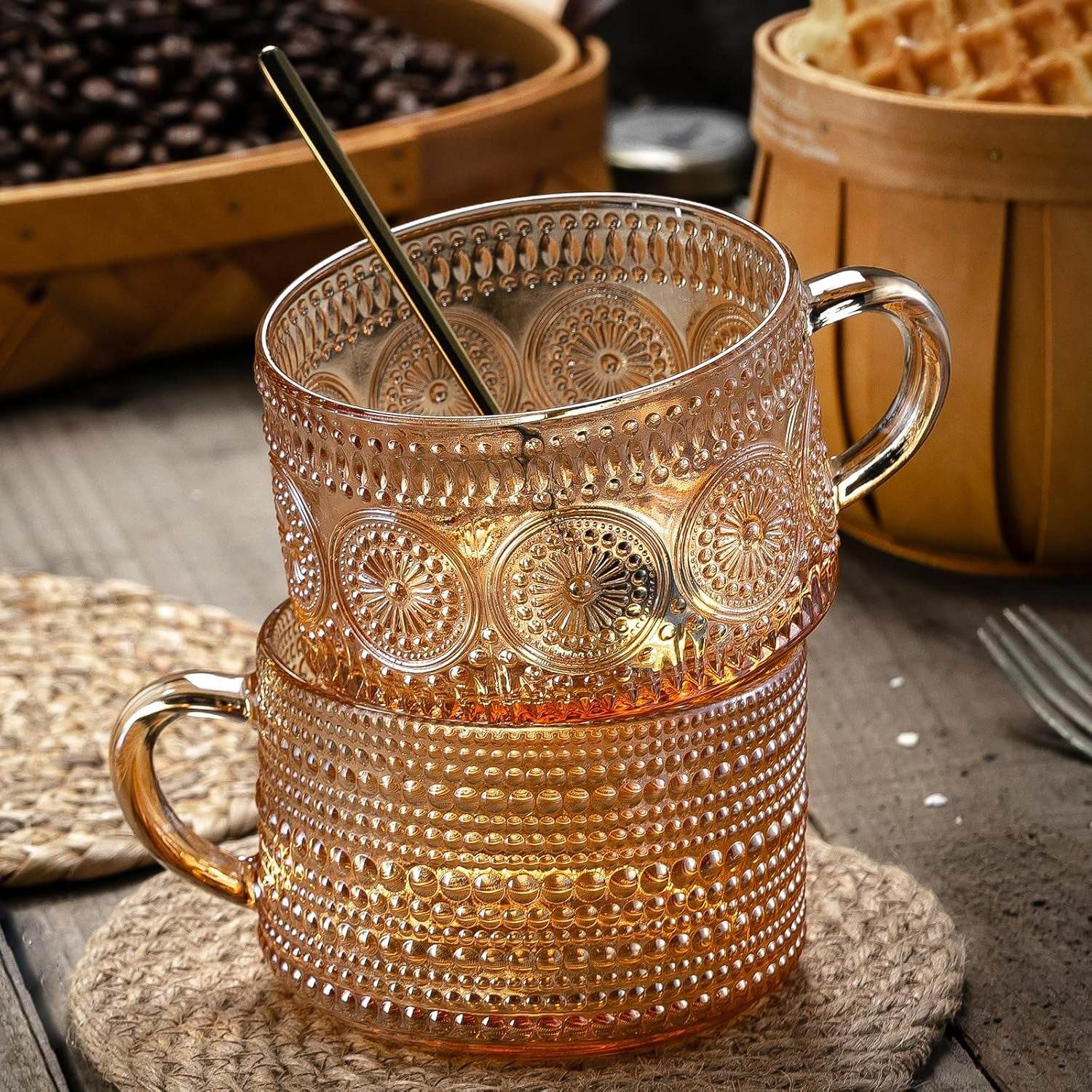 Vintage Coffee Mugs 14 Oz Set of 2 Embossed Glass Cups - Estalios