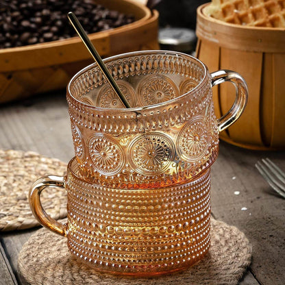 Vintage Coffee Mugs 14 Oz Set of 2 Embossed Glass Cups - Estalios