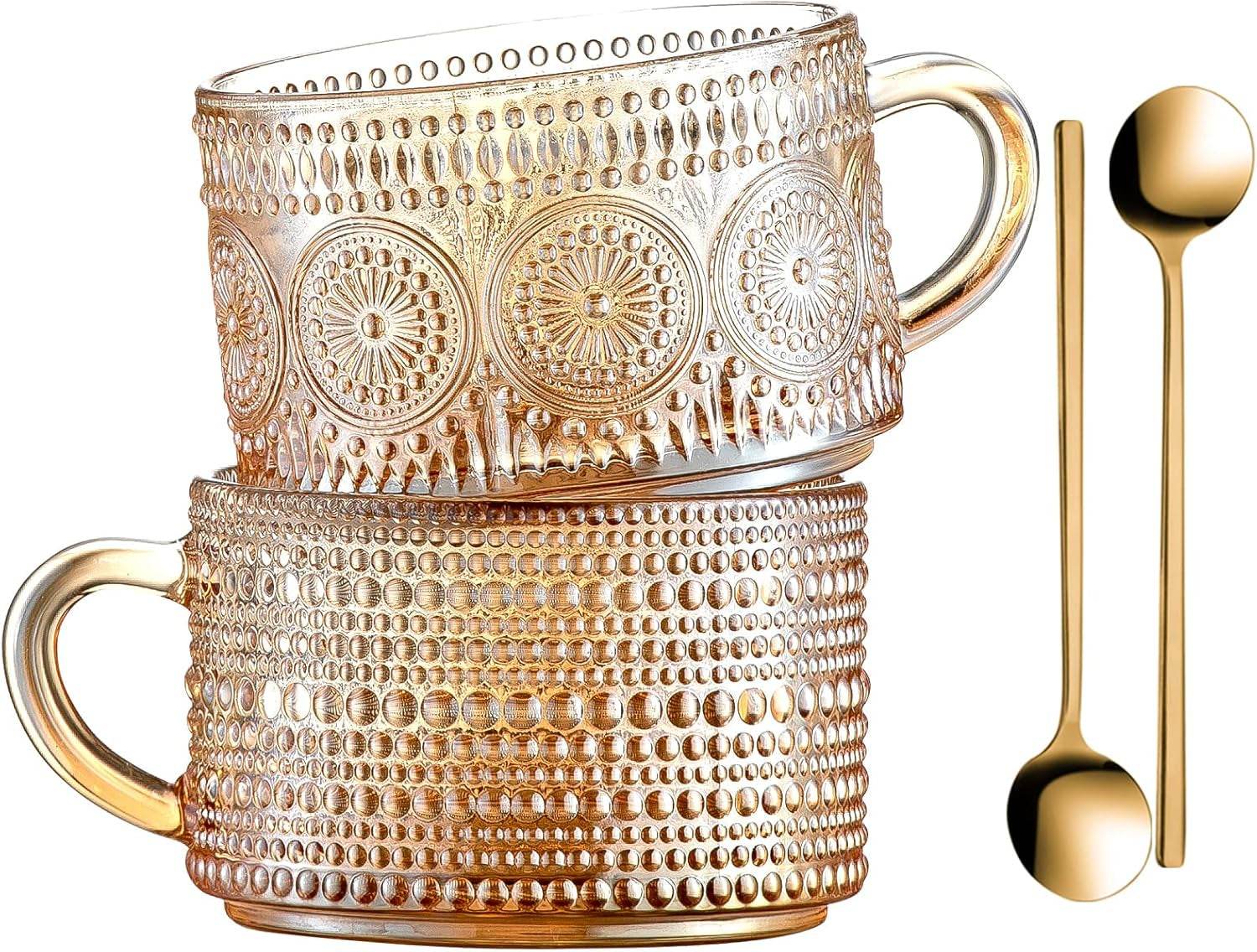 Vintage Coffee Mugs 14 Oz Set of 2 Embossed Glass Cups - Estalios