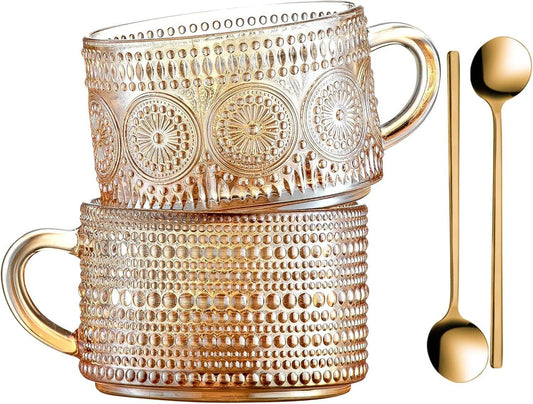 Vintage Coffee Mugs 14 Oz Set of 2 Embossed Glass Cups - Estalios