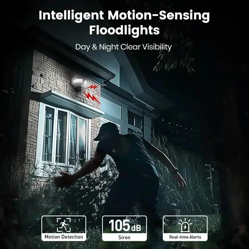 5MP UHD WiFi Floodlight Camera Outdoor 360° View Color Night Vision Wireless Security Camera PIR Detection 2-way Audio - Estalios