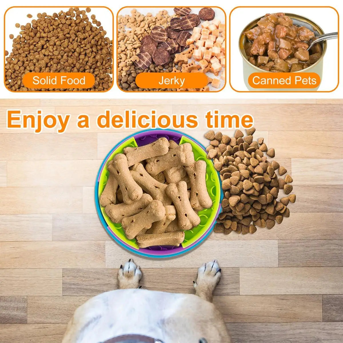 Dog food variety in an Interactive Slow Feed Pet Bowl with anti-choking puzzle design