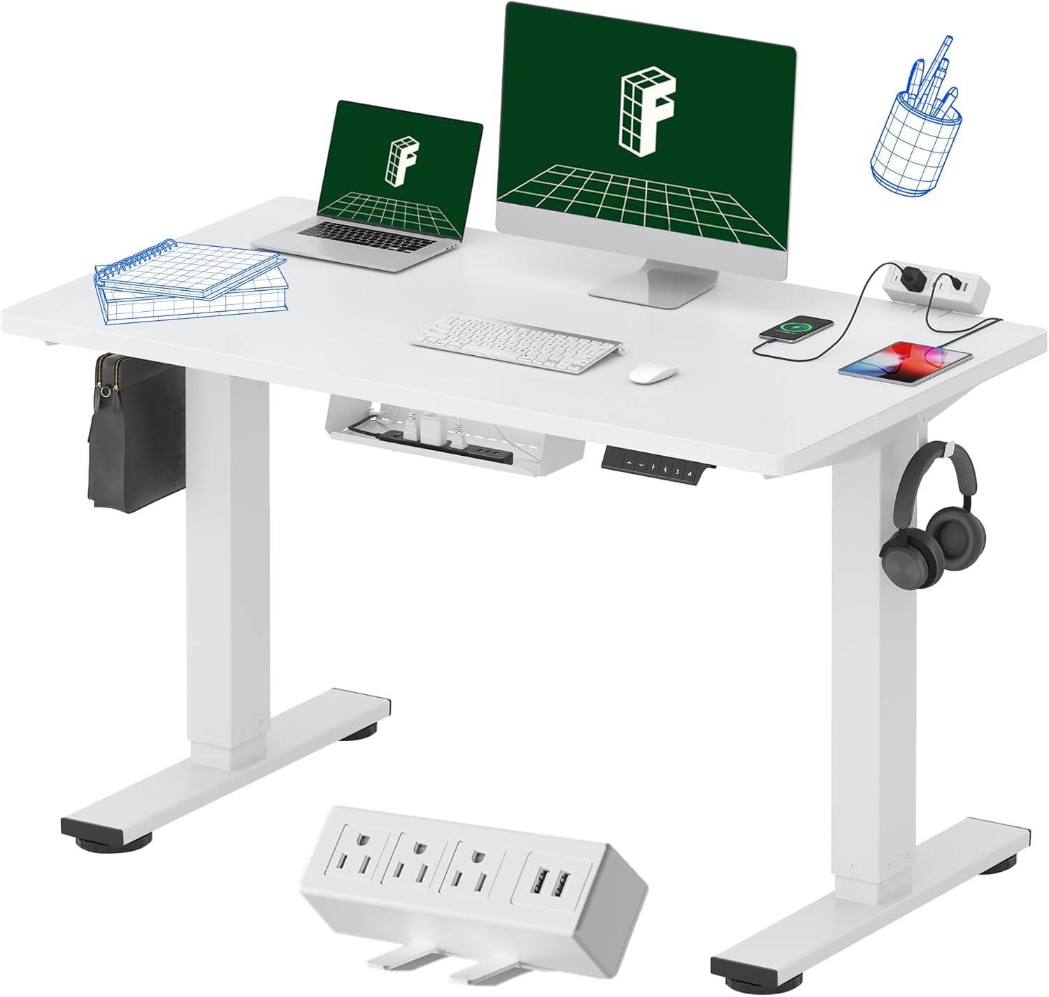 EN2 Height Adjustable Electric Standing Desk with Power Strip - Estalios