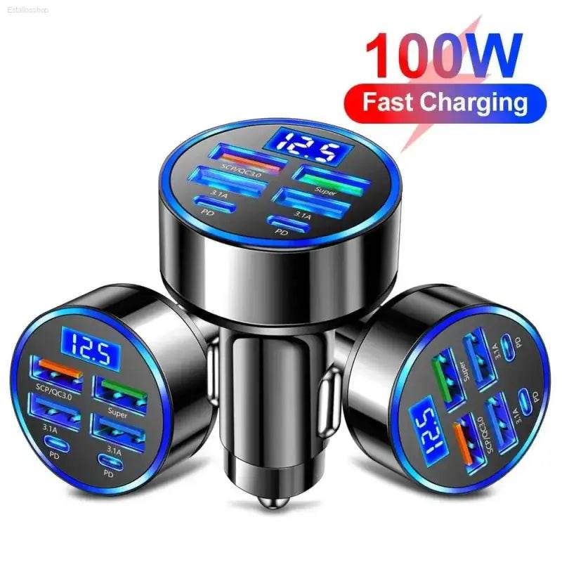 Triple-headed car charger with multiple USB ports and digital voltage display.