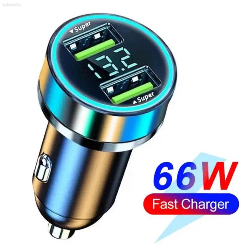 Dual-port car charger with digital display.