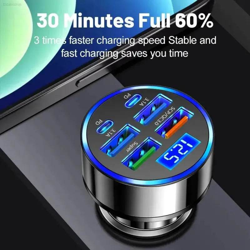 Car charger with multiple USB ports and a digital display.