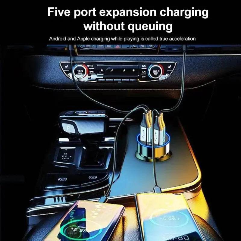 Multi-port car charger with connected smartphones.