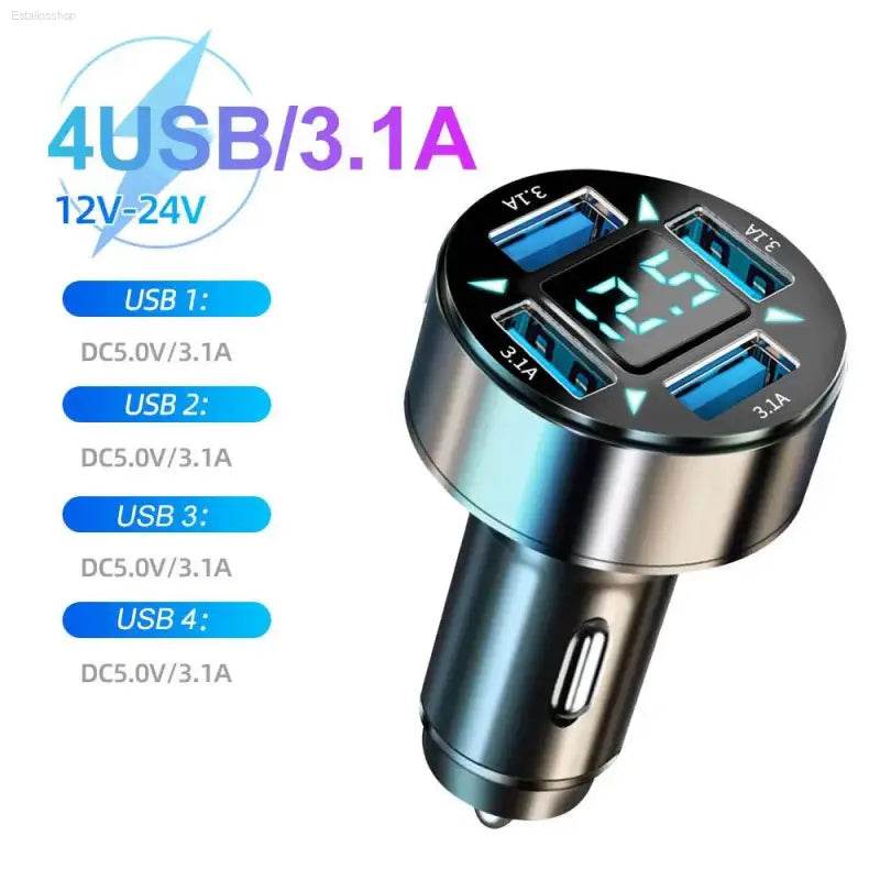 Four-port USB car charger with voltage display.