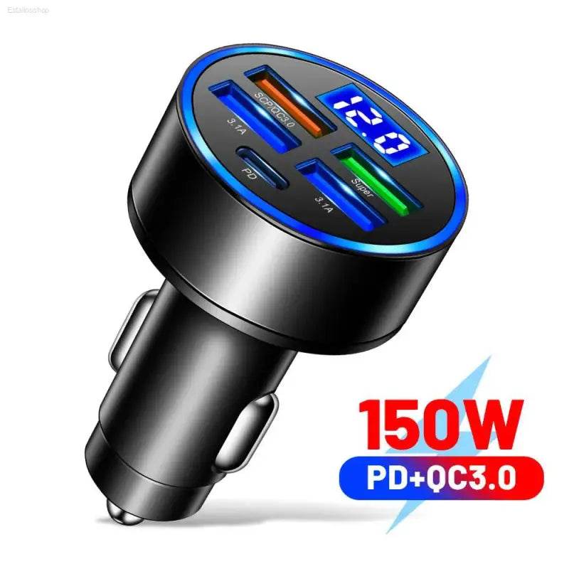 Black car charger with multiple ports.