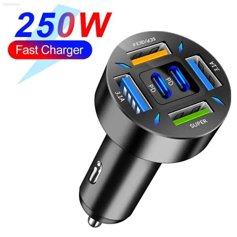 Black car charger with multiple ports.
