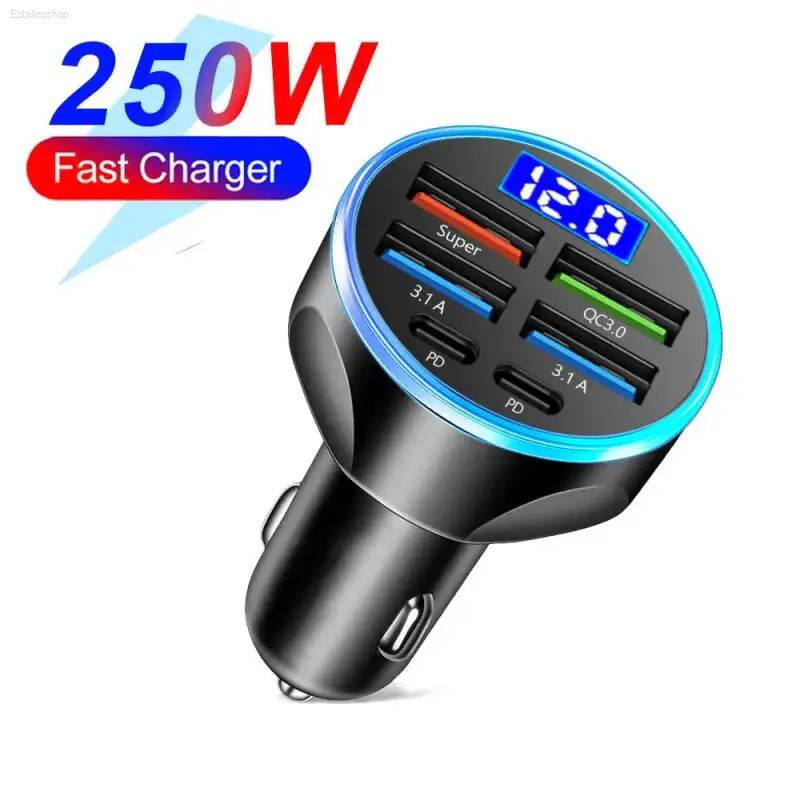 Black car charger with multiple USB ports.