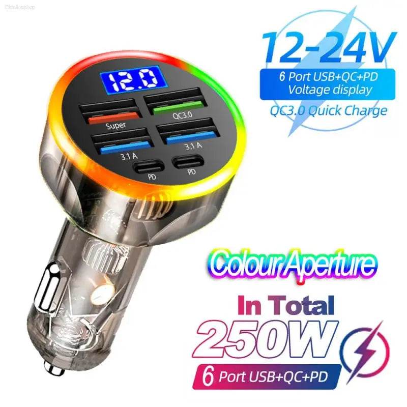 Car charger with multiple USB ports and voltage display.