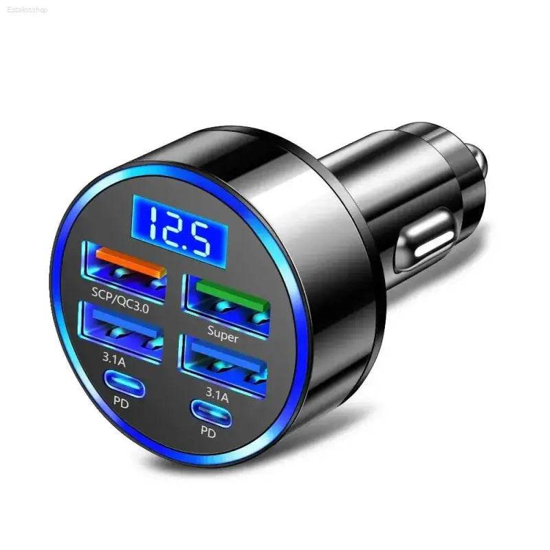 Multi-port car charger with digital display.