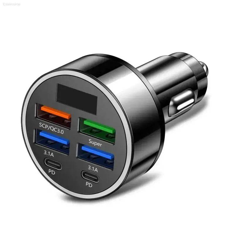 Black car charger with multiple ports.