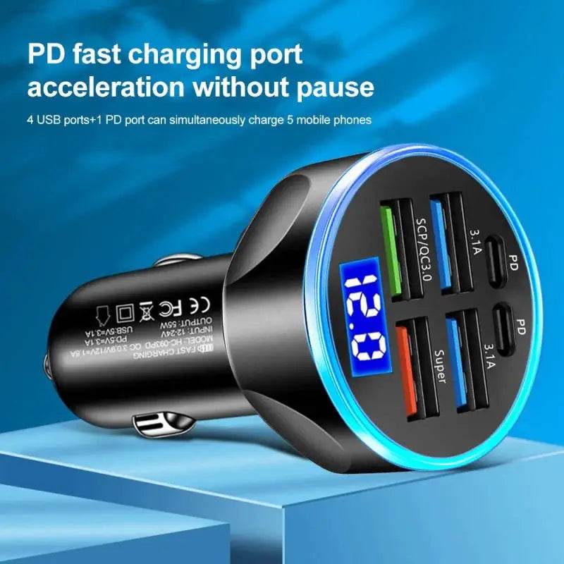 Multi-port car charger with digital display.