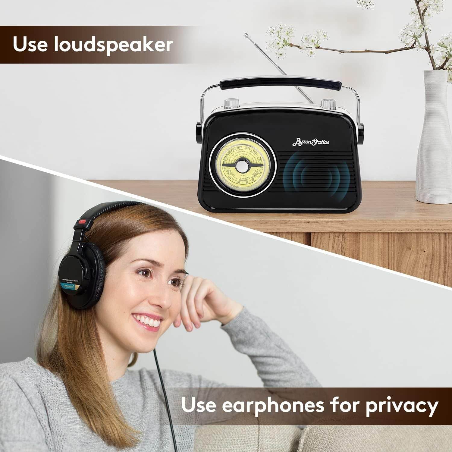 Black AM FM Radio - Portable Vintage Radio With Headphone Jack - Estalios