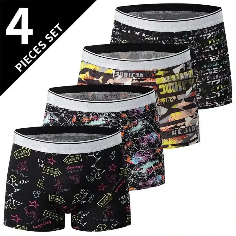 Four stylish men’s boxer briefs in fun patterns, perfect for US-XXXL Asia6XL sizes