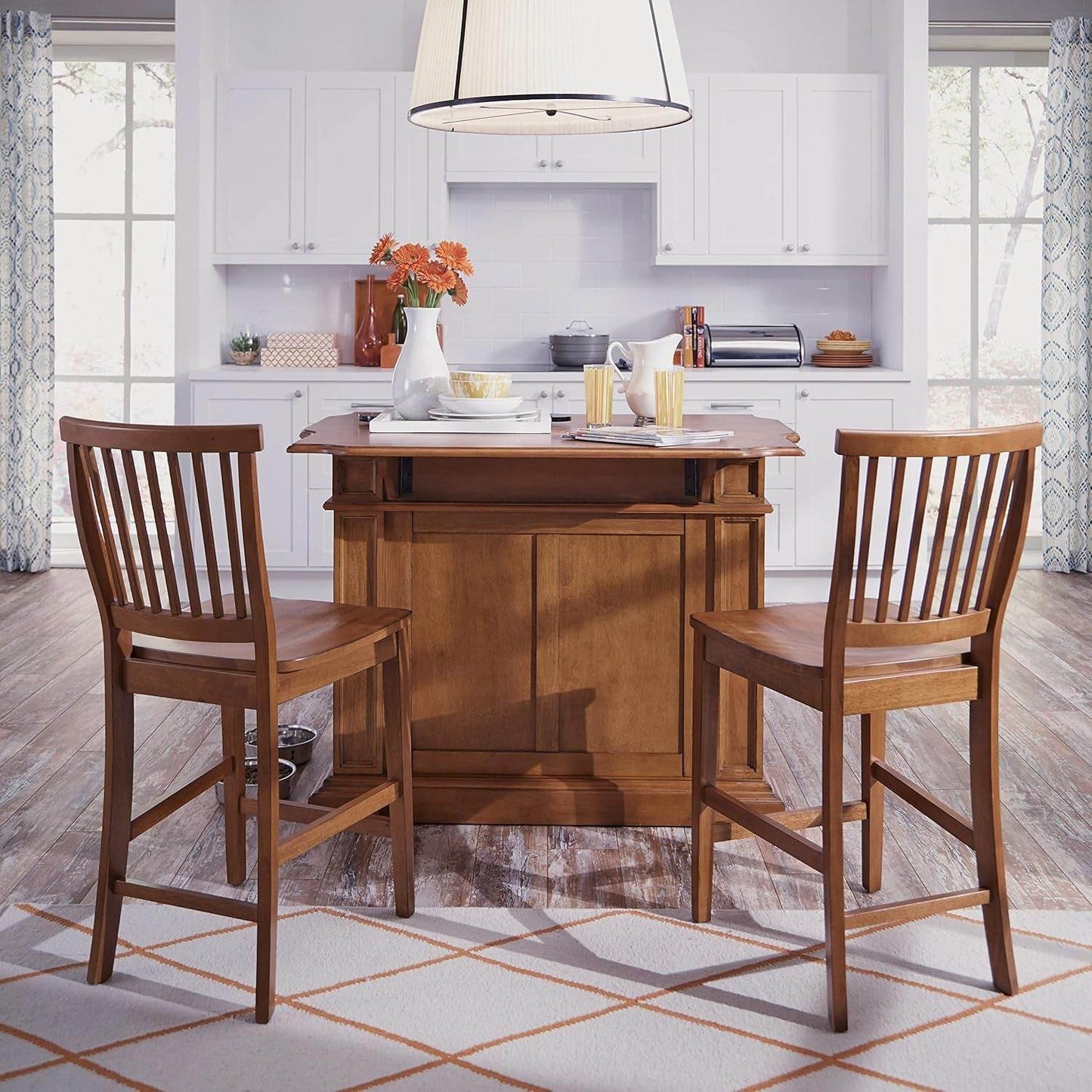 Americana Cottage Oak Kitchen Island Set with Two Stools - Estalios