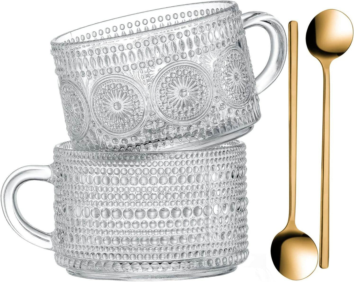 Vintage Coffee Mugs 14 Oz Set of 2 Embossed Glass Cups - Estalios