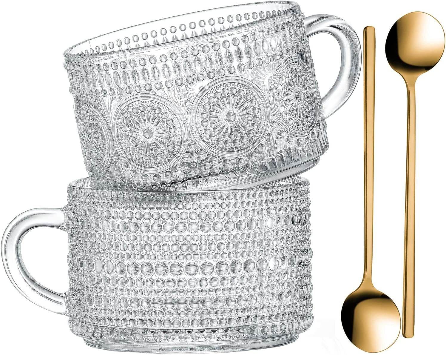 Vintage Coffee Mugs 14 Oz Set of 2 Embossed Glass Cups - Estalios