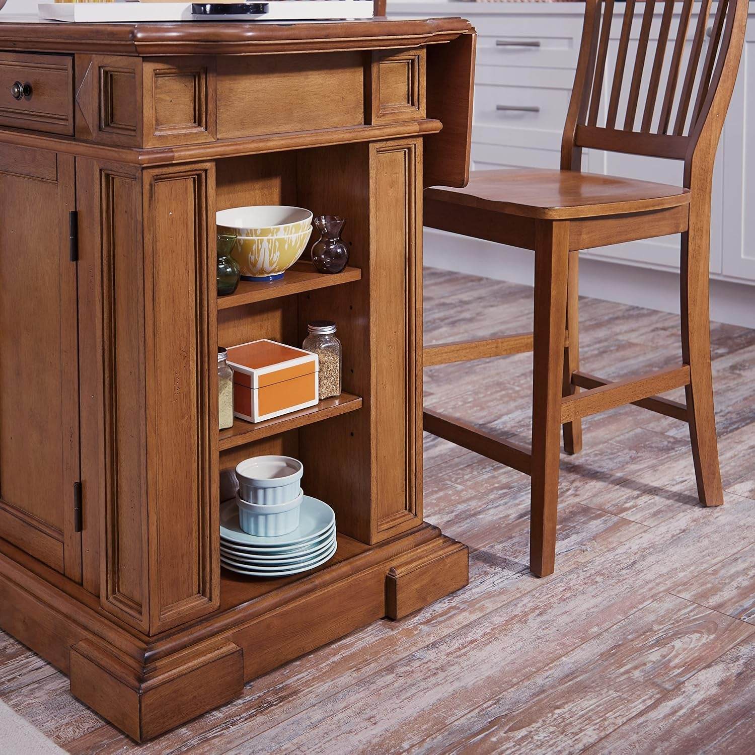 Americana Cottage Oak Kitchen Island Set with Two Stools - Estalios