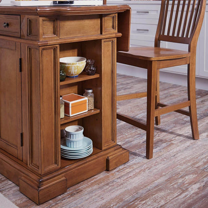 Americana Cottage Oak Kitchen Island Set with Two Stools - Estalios