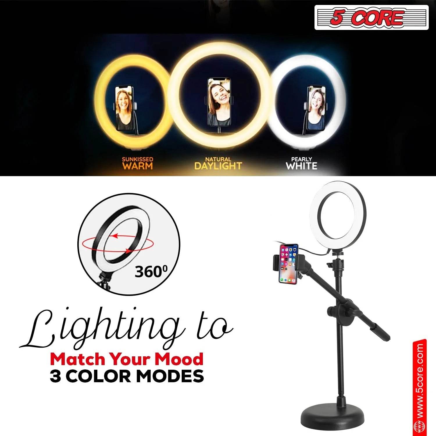 Adjustable 5Core 6 Inch Ring Light with Phone Stand - Estalios