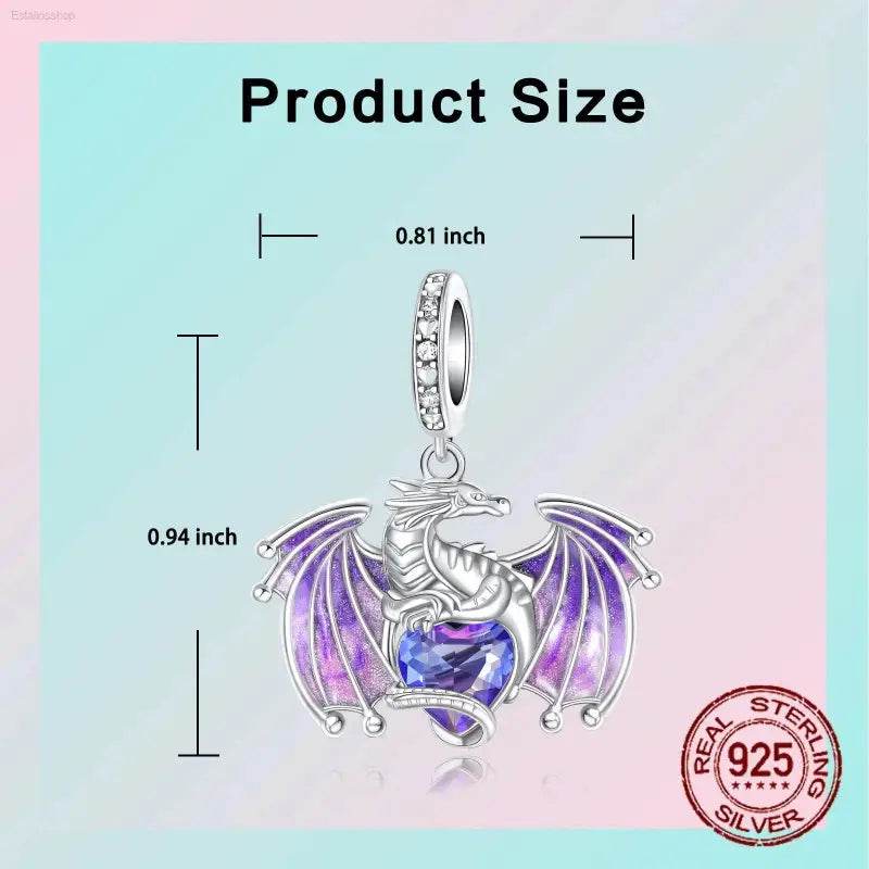Silver dragon pendant with purple wings and a heart-shaped gemstone.