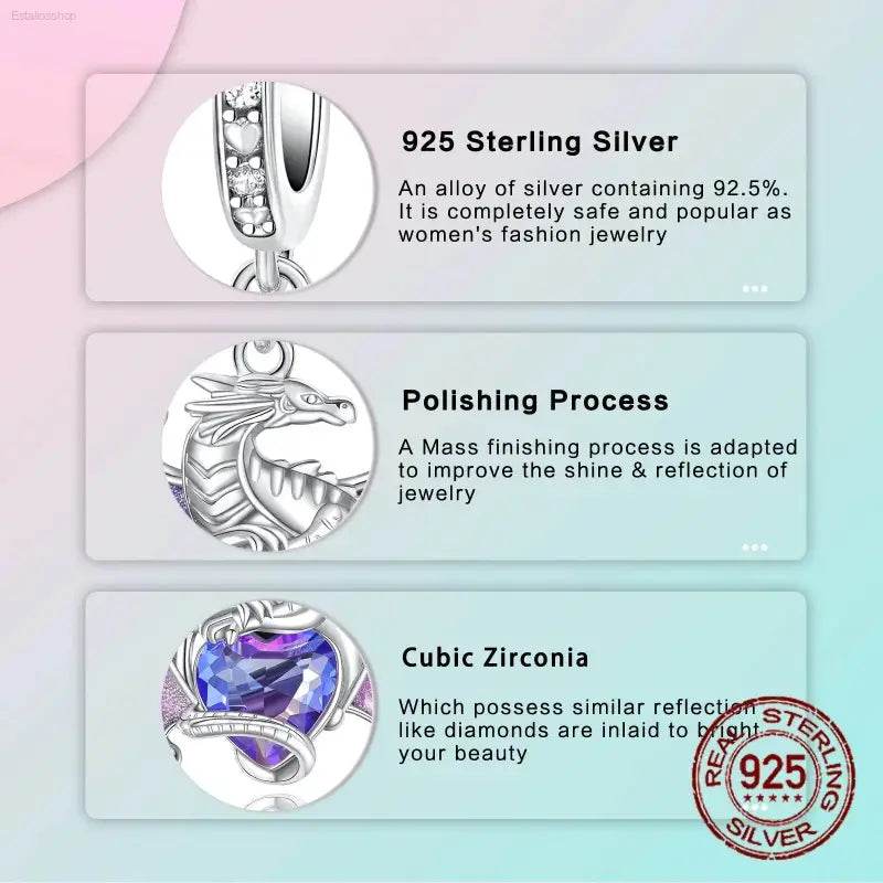 925 Sterling Silver Purple Dragon Pendant Charm for Bracelets - Estalios
