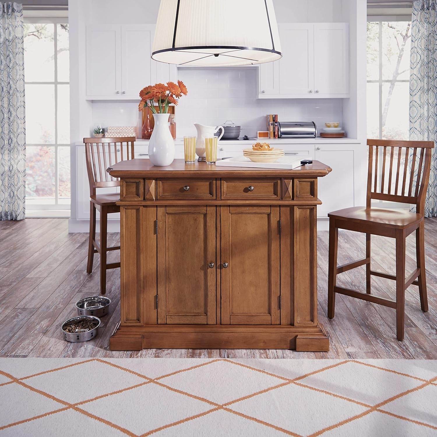 Americana Cottage Oak Kitchen Island Set with Two Stools - Estalios