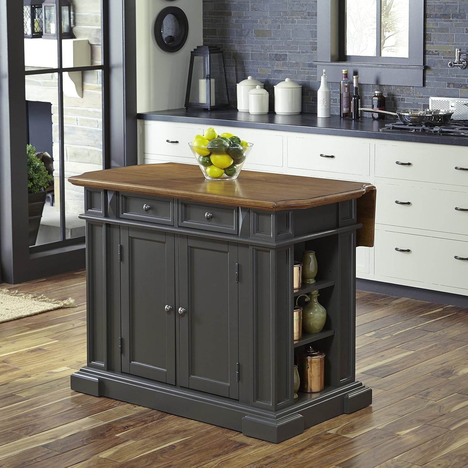 Americana Cottage Oak Kitchen Island Set with Two Stools - Estalios
