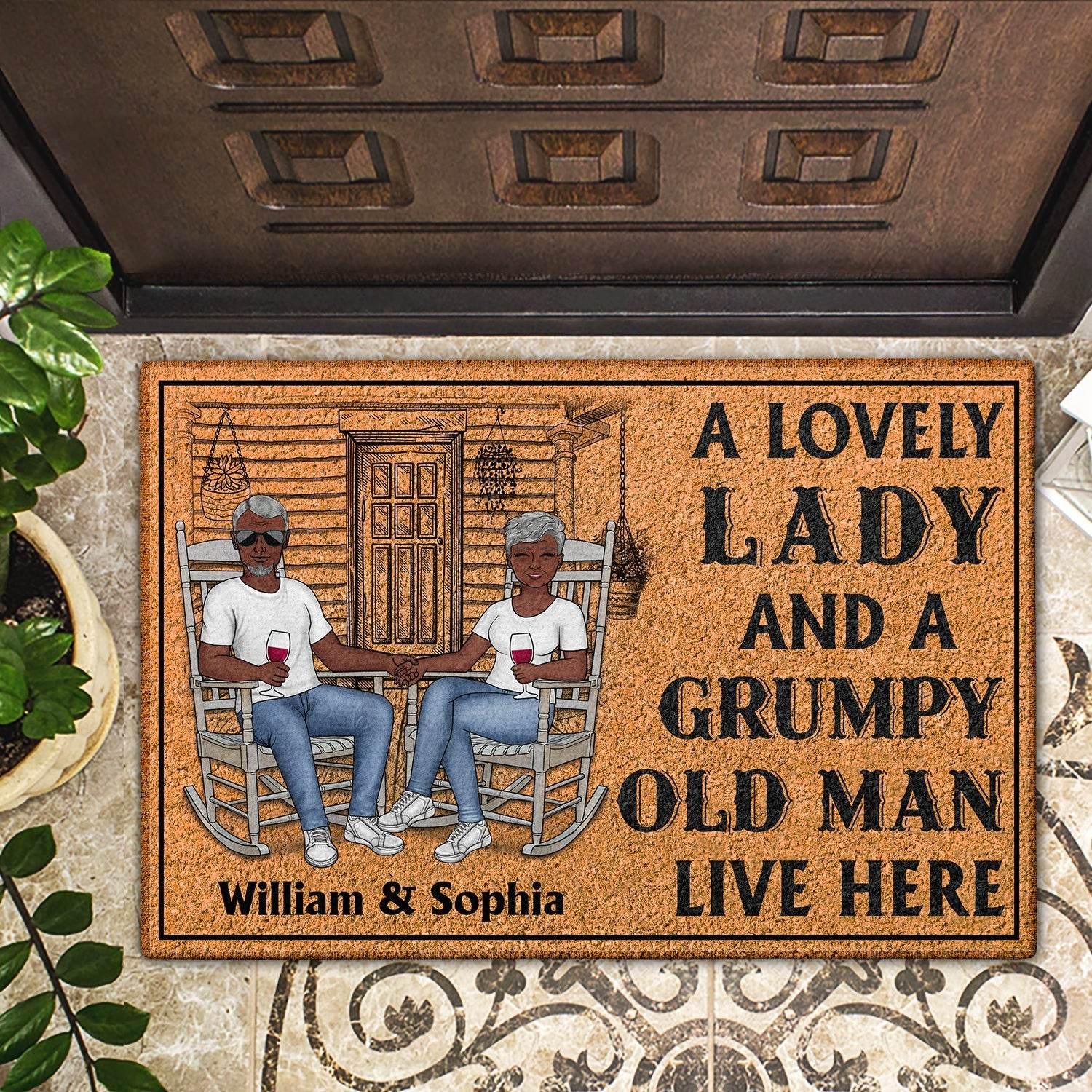 Personalized Doormat - Family Couple A Lovely Lady And A Grumpy Old Man Live Here - Estalios