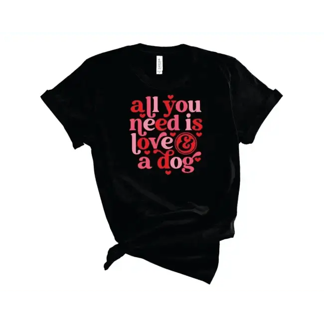 Black Graphic Tee with Love and Dog Design for Dog Lovers - Estalios