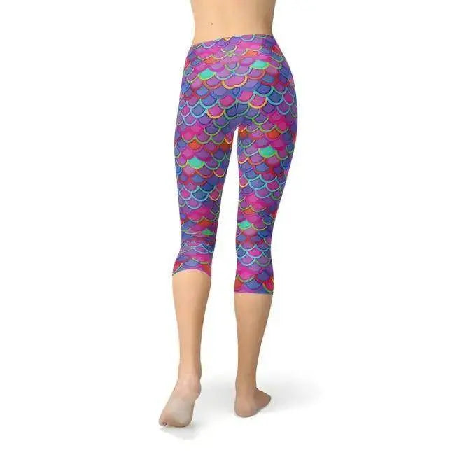 Colorful Purple Pink Mermaid Capri Leggings for Fun Style.